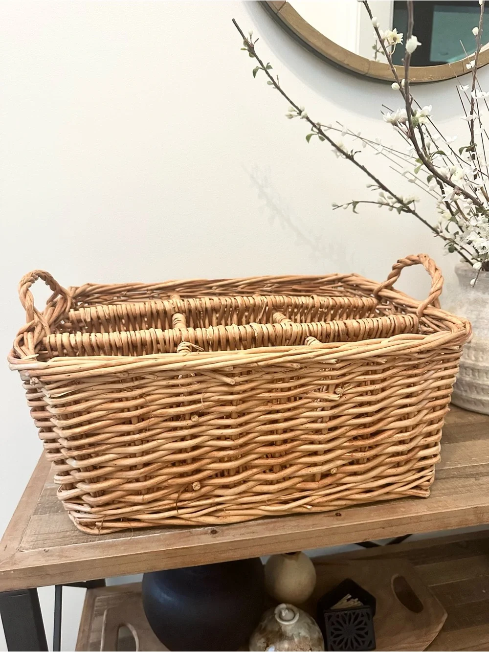 Vintage Woven Rattan Wicker Large Storage Basket 9 Compartments Handles Natural